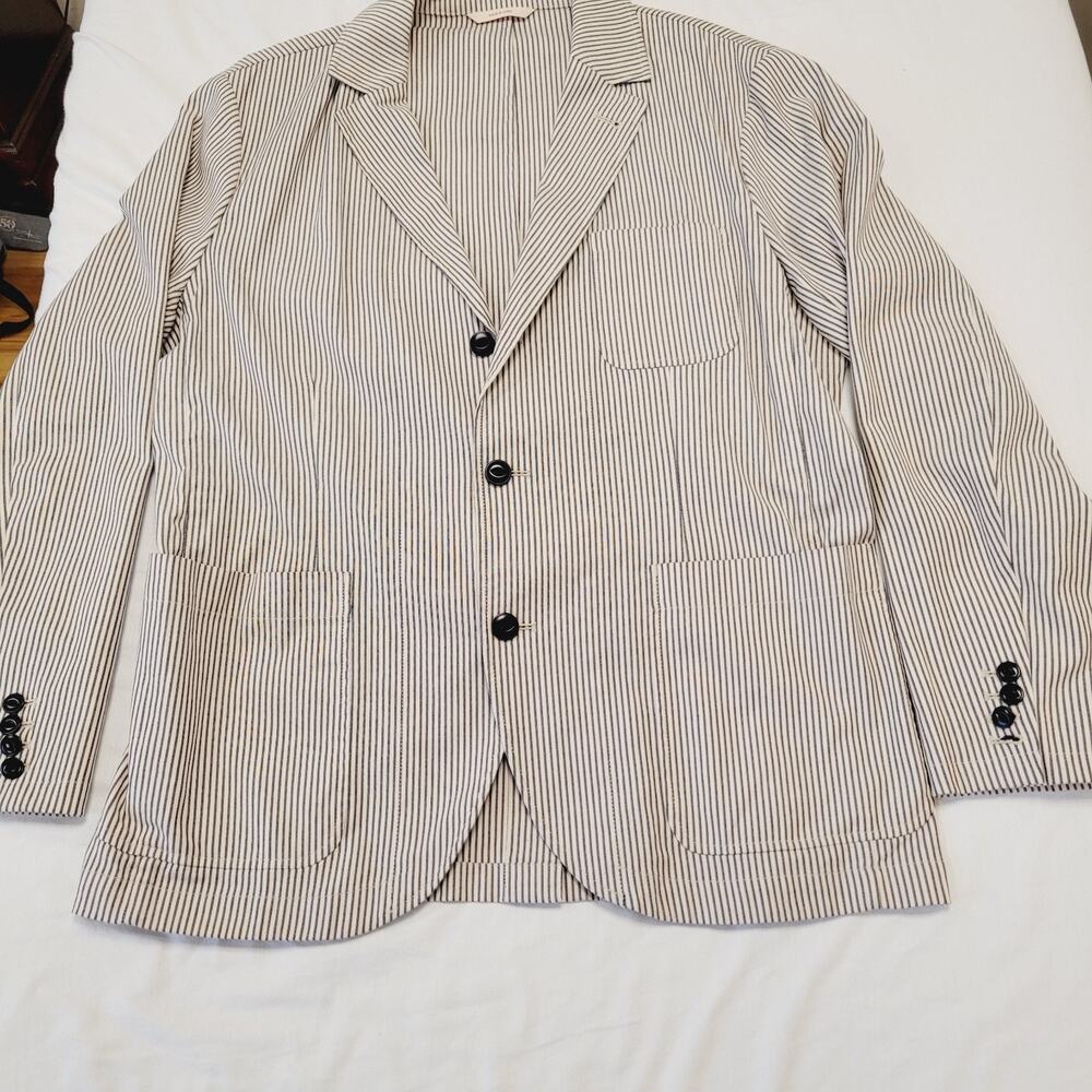 Brooks Brothers Red Fleece Mens L Blue Striped Casual Blazer Cotton Patch Pocket